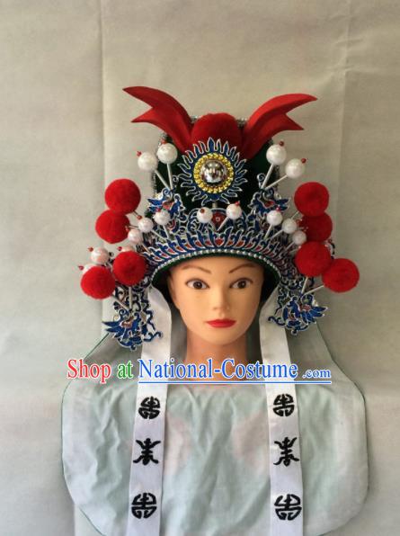 Asian Chinese Traditional Beijing Opera Takefu Headwear Ancient Warrior Green Helmet Hat for Men