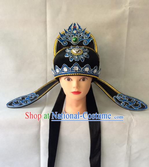 Asian Chinese Traditional Beijing Opera Niche Headwear Ancient Nobility Childe Black Hat for Men