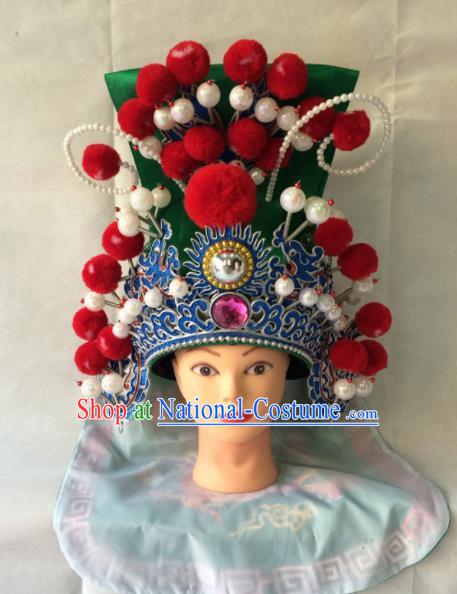 Asian Chinese Traditional Beijing Opera Helmet Headwear Ancient General Green Hat for Men