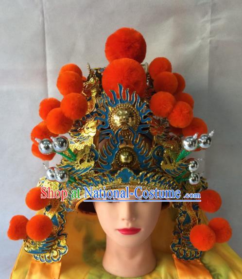 Asian Chinese Traditional Beijing Opera Golden Helmet Headwear Ancient General Hat for Men