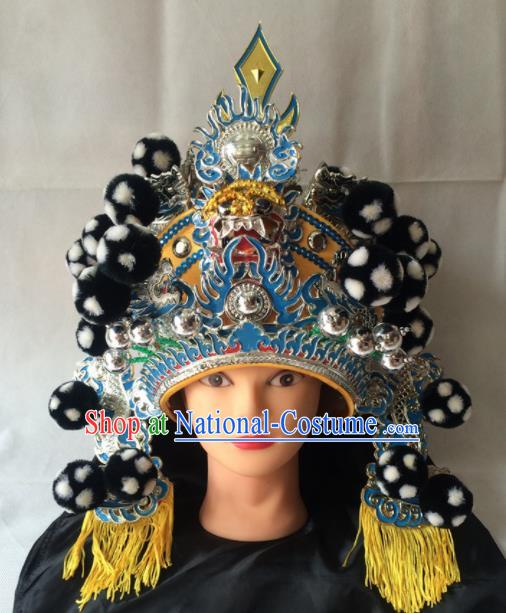 Asian Chinese Traditional Beijing Opera Black Helmet Headwear Ancient General Hat for Men