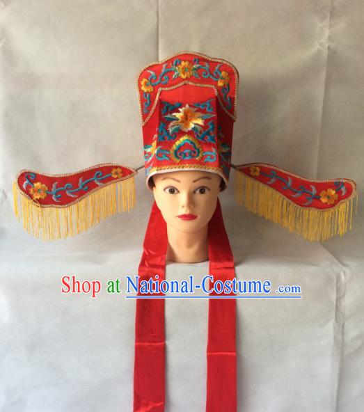 Asian Chinese Traditional Beijing Opera Headwear Ancient Scholar Red Hat for Men