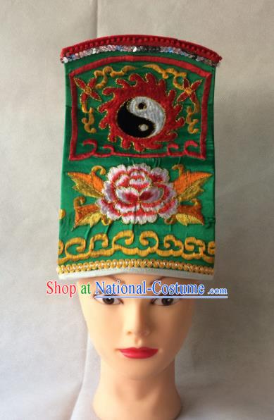 Asian Chinese Traditional Beijing Opera Headwear Ancient Taoist Priest Green Hat for Men