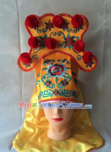 Asian Chinese Traditional Beijing Opera Takefu Headwear Ancient Warrior Golden Hat for Men