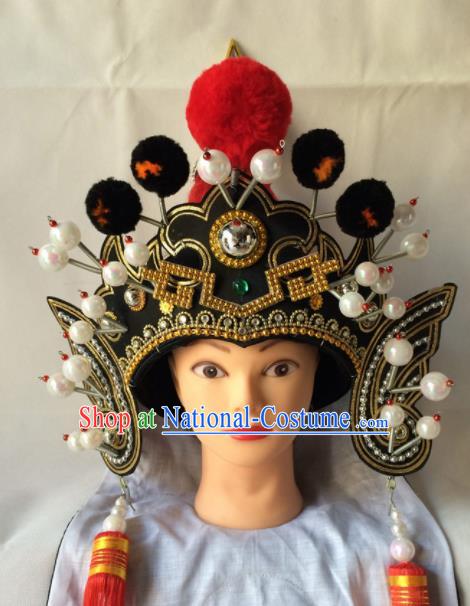 Asian Chinese Traditional Beijing Opera Takefu Headwear Ancient Warrior Black Helmet Hat for Men