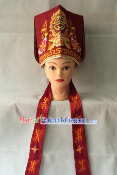 Asian Chinese Traditional Beijing Opera Old Men Headwear Ancient Landlord Red Hat for Men