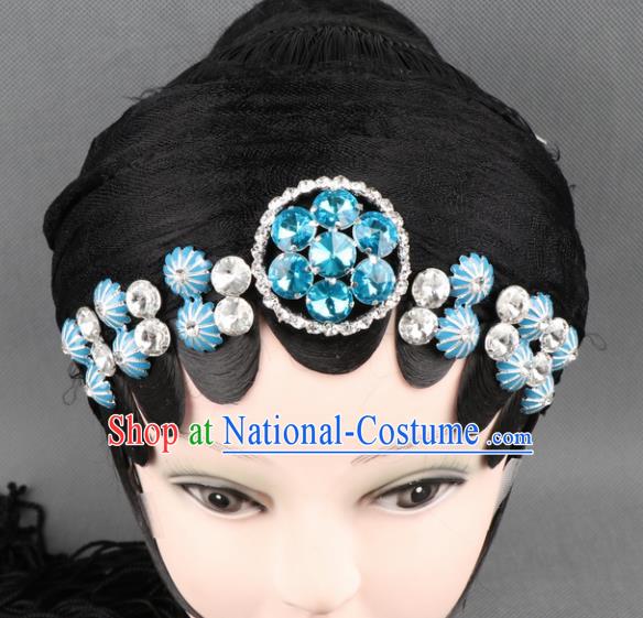 Asian Chinese Beijing Opera Diva Hair Accessories Ancient Princess Blue Crystal Hairpins for Women