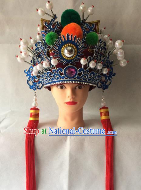 Asian Chinese Traditional Beijing Opera Headwear Ancient General Red Hat for Men