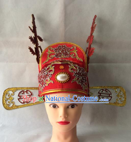 Asian Chinese Traditional Beijing Opera Niche Headwear Ancient Number One Scholar Red Hat for Men