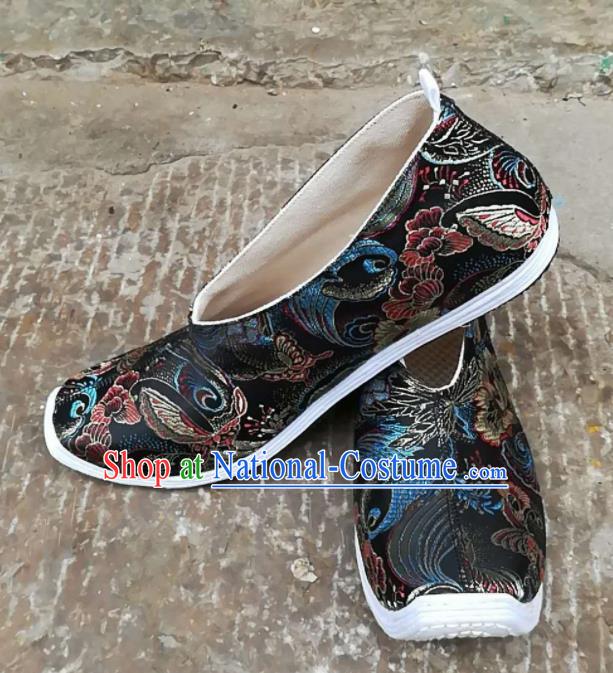 Asian Chinese Traditional Hanfu Shoes Ancient Song Dynasty Black Brocade Shoes for Men