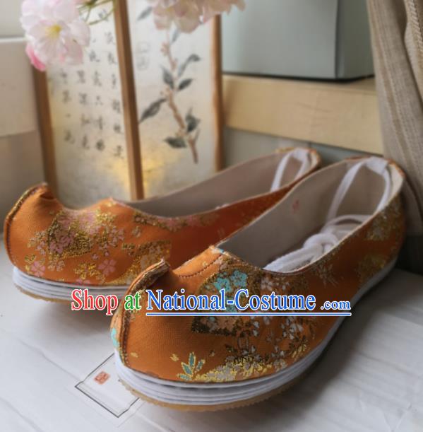 Asian Chinese Traditional Shoes Ancient Song Dynasty Orange Brocade Shoes Hanfu Shoes for Women