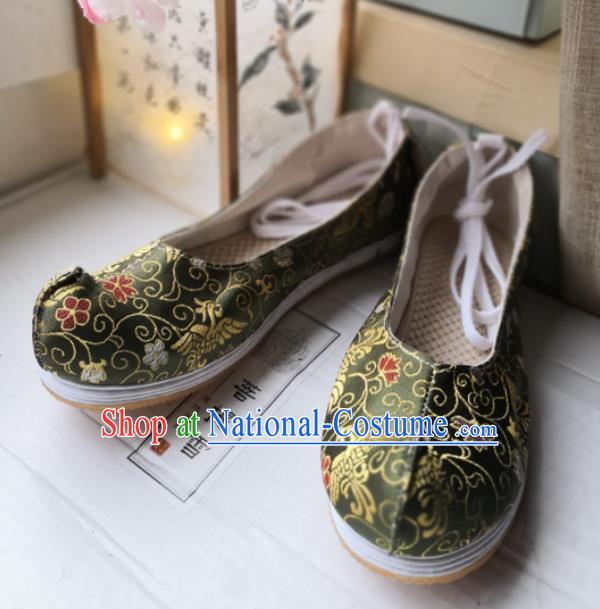 Asian Chinese Traditional Shoes Ancient Song Dynasty Green Brocade Shoes Hanfu Shoes for Women