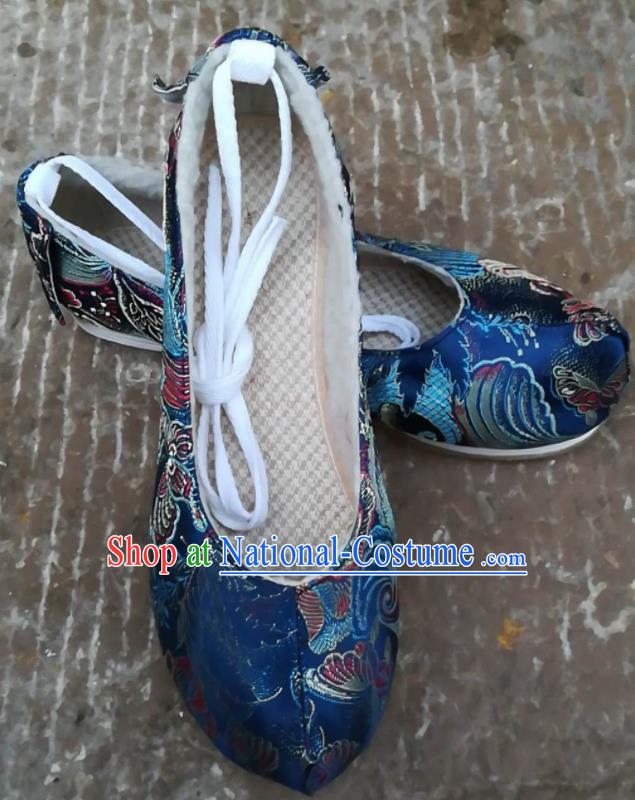 Asian Chinese Traditional Shoes Ancient Song Dynasty Blue Brocade Shoes Hanfu Shoes for Women