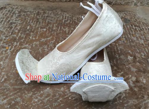 Asian Chinese Traditional Hanfu Shoes Ancient Han Dynasty White Brocade Shoes for Men