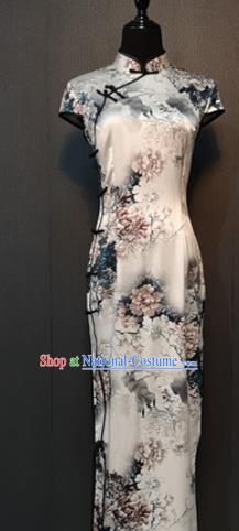 Asian Chinese Traditional Costume National Qipao Dress Printing Peony White Silk Cheongsam for Women