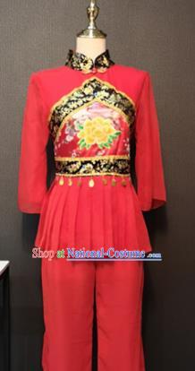 Asian Chinese Traditional Folk Dance Costume New Year Fan Dance Red Clothing for Women