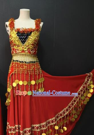 Asian Chinese Traditional Classical Dance Costume Ethnic Folk Dance Red Dress for Women