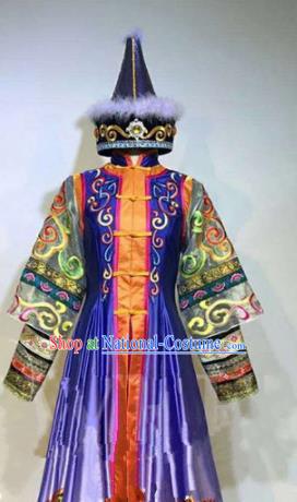 Asian Chinese Traditional Folk Dance Costume Mongolian Ethnic Dance Blue Dress for Women