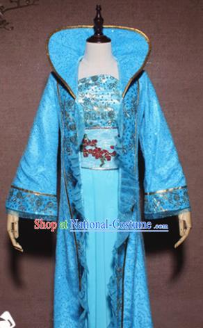 Traditional Chinese Ancient Drama Tang Dynasty Princess Costume Blue Hanfu Dress for Women