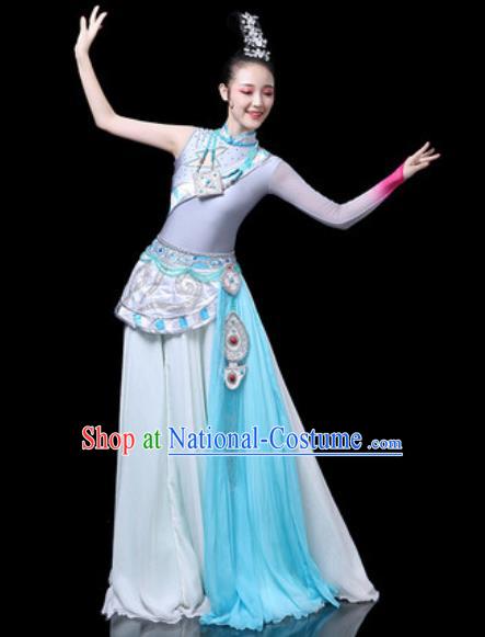 Chinese Traditional Ethnic Dance Costume Zang Nationality Dance Blue Dress for Women