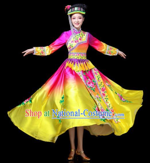 Chinese Traditional Ethnic Dance Costume Yi Nationality Dance Rosy Dress for Women