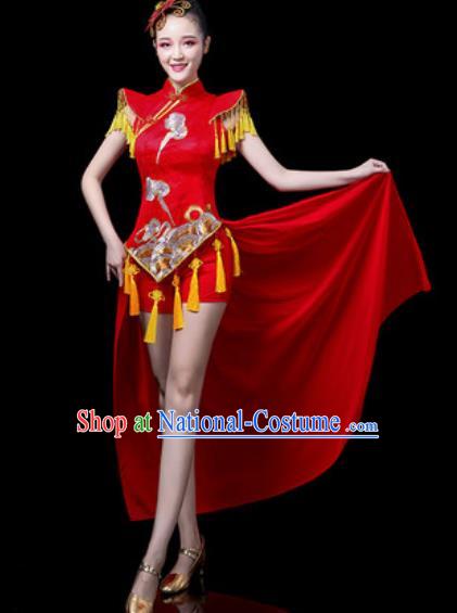 Traditional Chinese Folk Dance Costume Drum Dance Red Clothing for Women