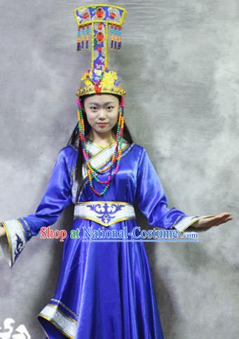 Asian Chinese Traditional Ethnic Costume Mongol Nationality Dance Blue Dress for Women