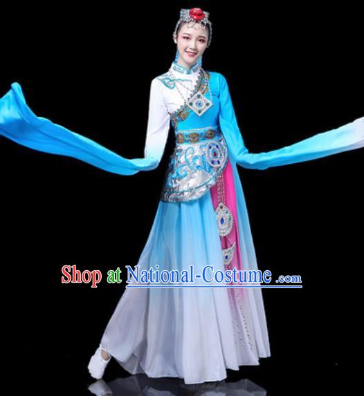 Chinese Traditional Ethnic Dance Costume Zang Nationality Stage Dance Blue Dress for Women