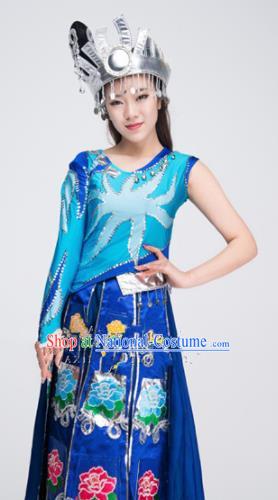 Asian Chinese Traditional Ethnic Costume Miao Nationality Dance Blue Dress for Women