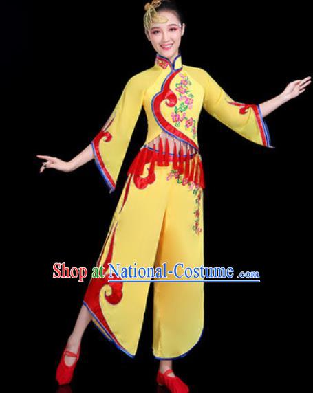 Chinese Traditional Folk Dance Yangko Dance Costume Fan Dance Yellow Clothing for Women