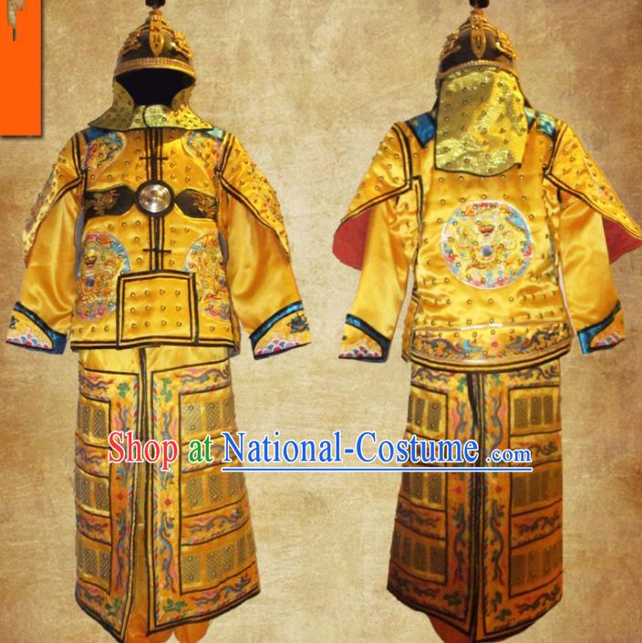 Chinese Qing Dynasty Manchu General Costume Ancient Drama Soldier Body Armor and Helmet Complete Set