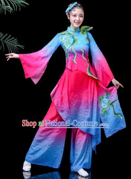 Traditional Chinese Folk Dance Costume Fan Dance Blue Clothing for Women