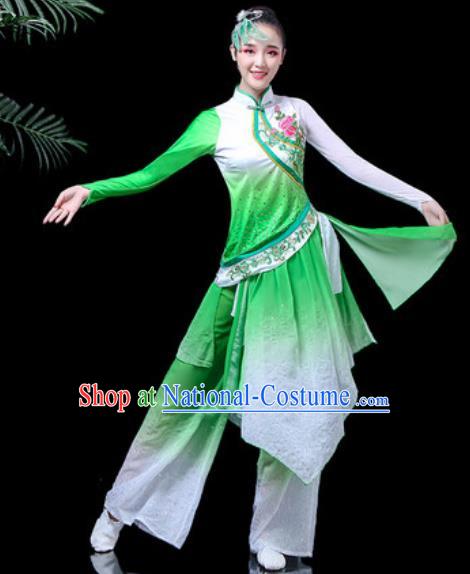 Traditional Chinese Folk Dance Costume Fan Dance Green Clothing for Women