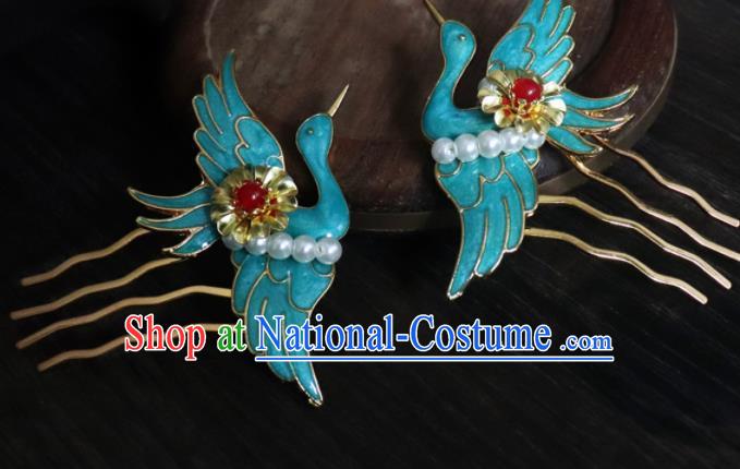 Chinese Ancient Palace Hair Accessories Qing Dynasty Queen Blueing Crane Hair Combs for Women