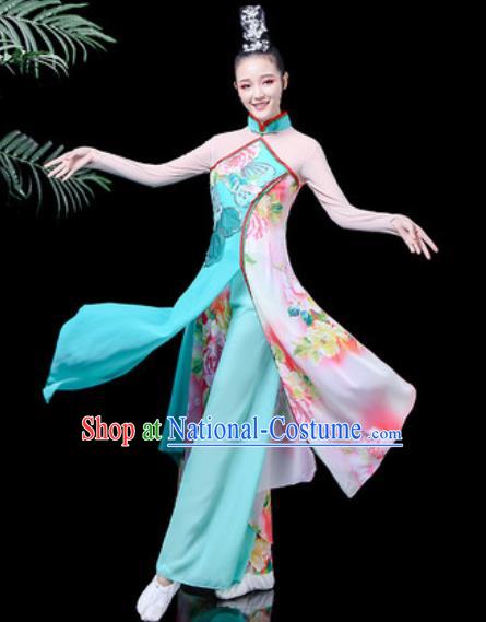 Traditional Chinese Classical Dance Costume Stage Performance Umbrella Dance Blue Dress for Women