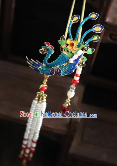 Chinese Ancient Palace Hair Accessories Traditional Classical Blueing Phoenix Tassel Hairpins for Women