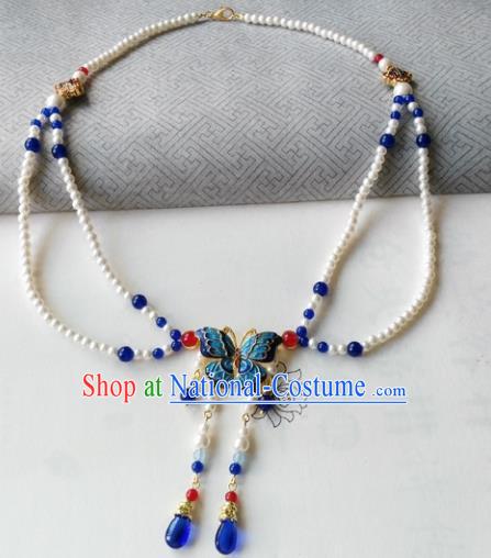 Chinese Ancient Palace Jewelry Accessories Traditional Classical Hanfu Blueing Butterfly Pearls Necklace for Women