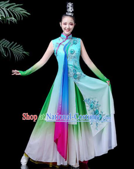 Traditional Chinese Classical Dance Costume Umbrella Dance Stage Performance Blue Dress for Women