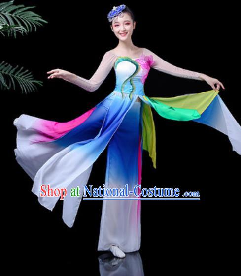 Traditional Chinese Classical Dance Stage Performance Costume Umbrella Dance Blue Dress for Women