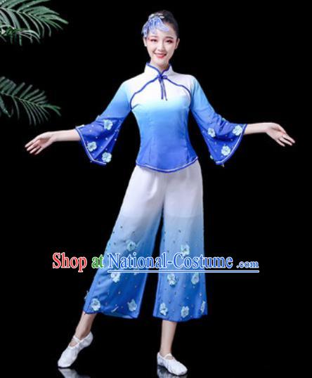 Traditional Chinese Yangko Dance Stage Performance Costume Folk Dance Blue Clothing for Women