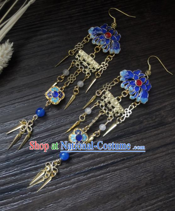 Chinese Ancient Palace Jewelry Accessories Traditional Classical Hanfu Blueing Lotus Tassel Earrings for Women