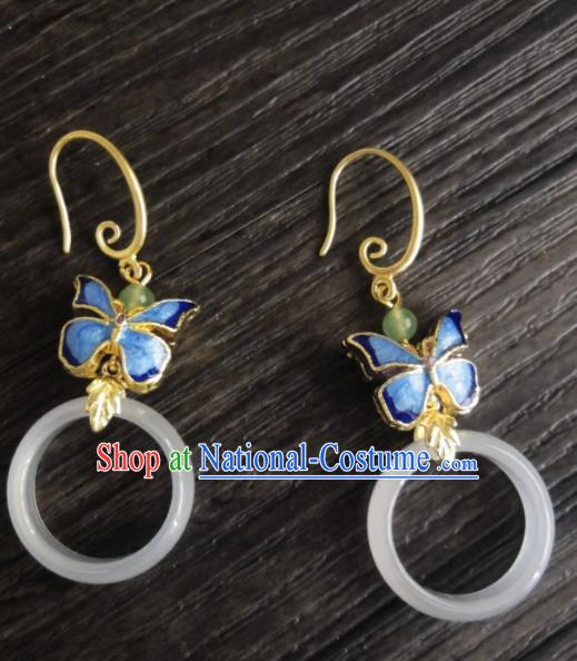 Chinese Ancient Palace Jewelry Accessories Traditional Classical Hanfu Blueing Butterfly Jade Earrings for Women