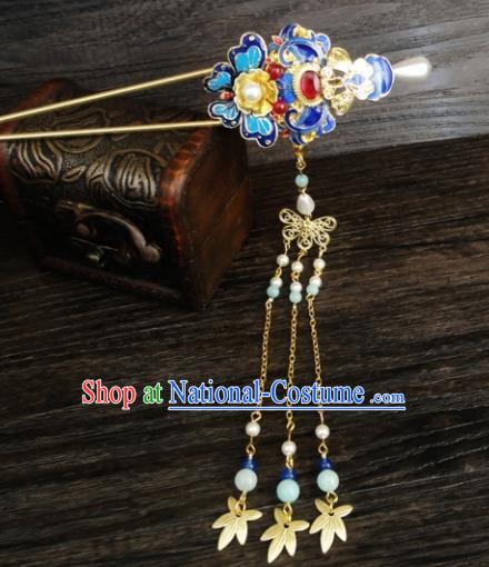 Chinese Ancient Palace Hair Accessories Traditional Classical Tassel Step Shake Blueing Hairpins for Women