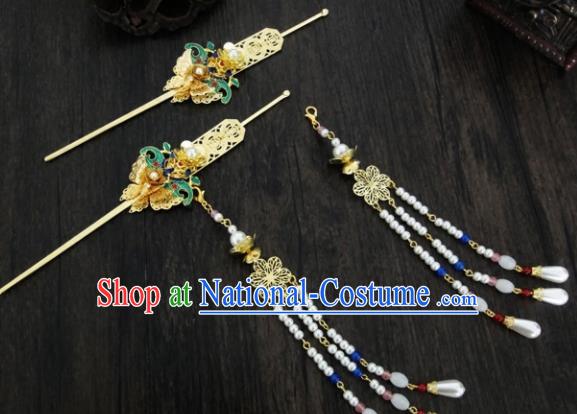 Chinese Ancient Palace Pearls Tassel Step Shake Hair Accessories Traditional Classical Blueing Hairpins for Women