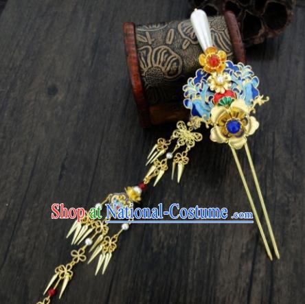 Chinese Ancient Palace Tassel Step Shake Hair Accessories Traditional Classical Blueing Hairpins for Women