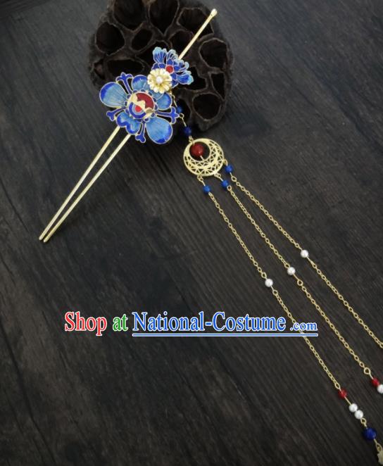 Chinese Ancient Palace Blueing Lotus Hair Clips Hair Accessories Traditional Classical Tassel Hairpins for Women