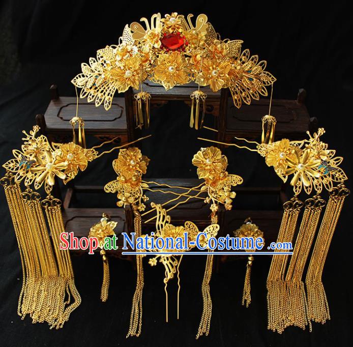 Chinese Ancient Palace Hair Accessories Traditional Classical Golden Phoenix Coronet Hairpins for Women