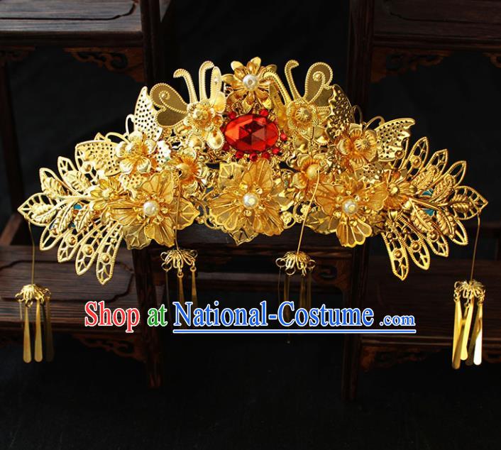 Chinese Ancient Palace Hair Accessories Traditional Classical Golden Phoenix Coronet Hairpins for Women