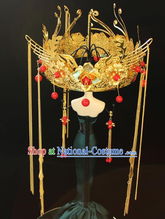 Chinese Ancient Palace Bride Hair Accessories Traditional Classical Golden Phoenix Coronet Hairpins for Women