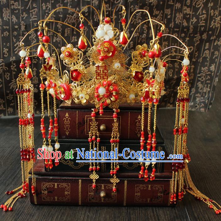 Chinese Ancient Palace Hair Accessories Traditional Wedding Classical Red Tassel Phoenix Coronet Hairpins for Women